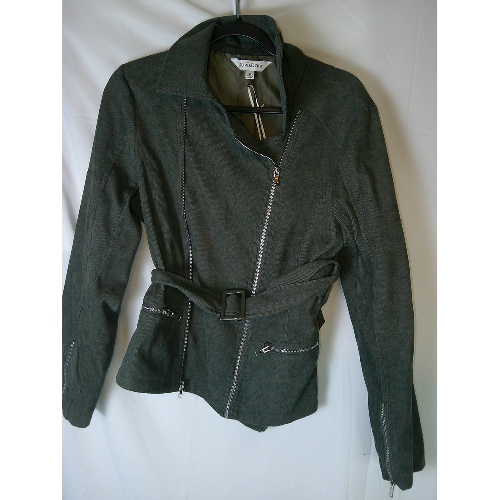 Davi & Dani Olive Green Corduroy Belted Moto Jacket Women's Size Medium $65 NWT